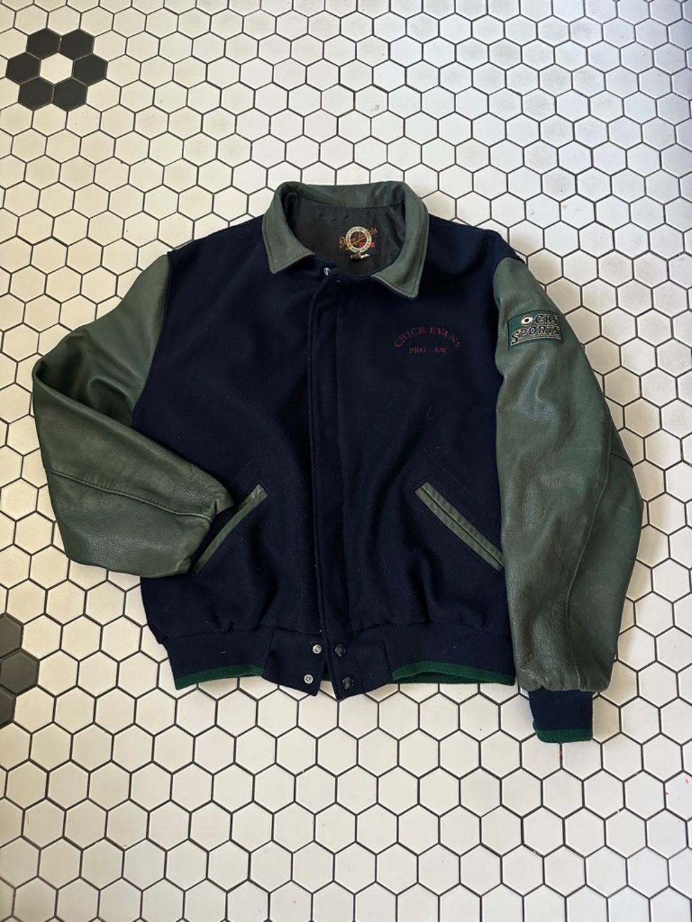 Vintage 90’s Chick Evans Pro AM Men's Navy Wool Bomber w/ Green Leather Sleeves